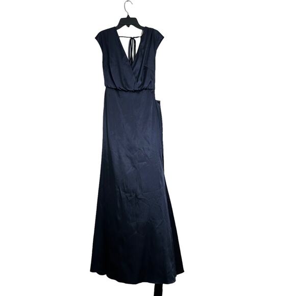 NWT Dessy Collection Cap Sleeve Blouson Faux Wrap Maxi Dress Midnight Navy Blue - Picture 3 of 10